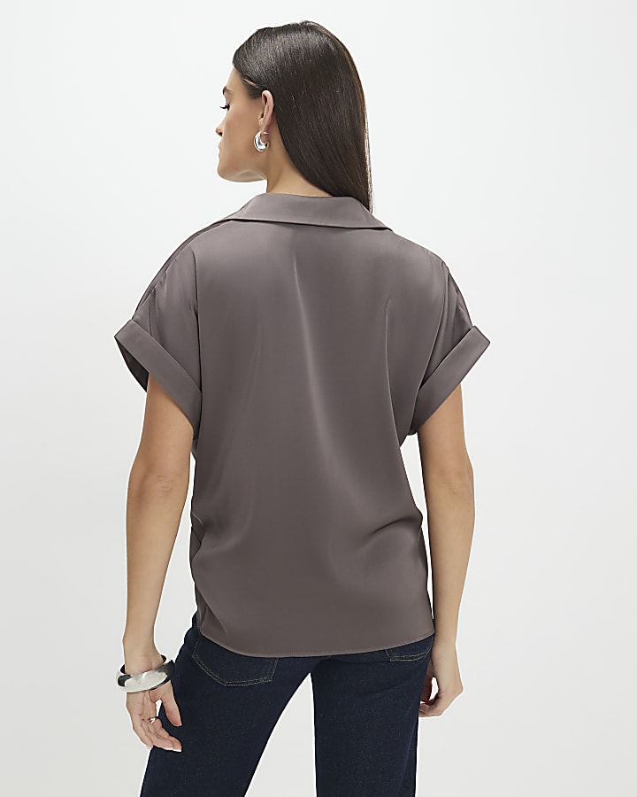 Purple Short Sleeve Wrap Front Blouse