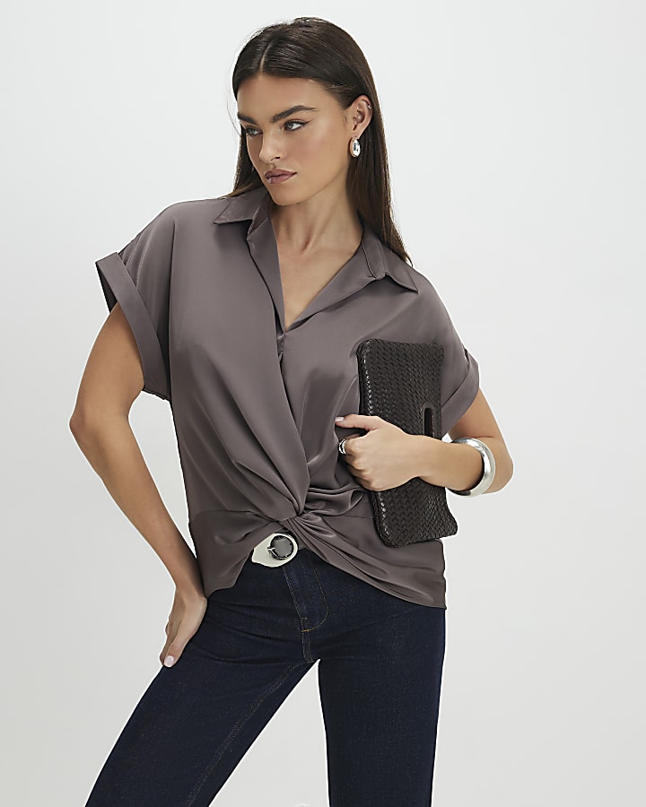 Purple Short Sleeve Wrap Front Blouse