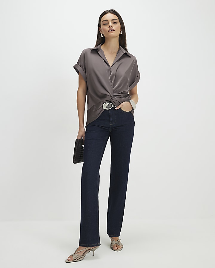 Purple Short Sleeve Wrap Front Blouse