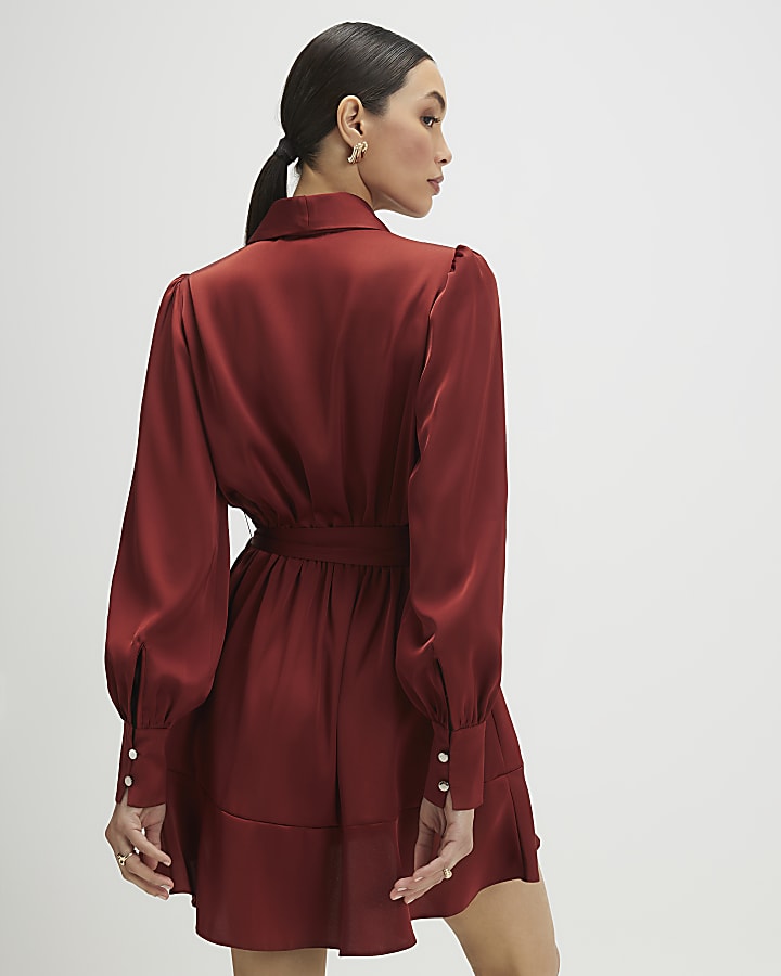 Orange Satin Wrap Front Mini Dress