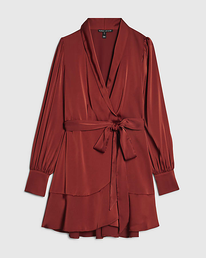 Orange Satin Wrap Front Mini Dress