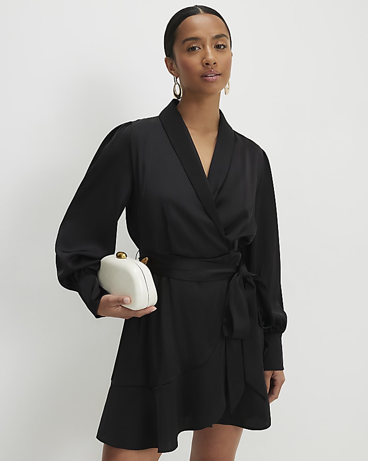 Petite Black Wrap Front Mini Dress