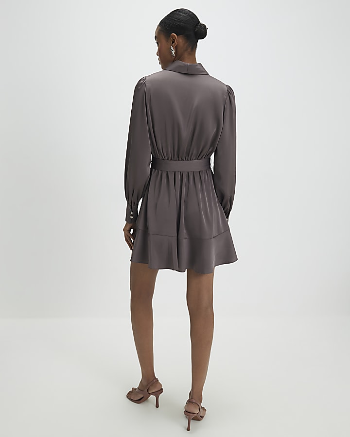 Purple Satin Wrap Front Mini Dress