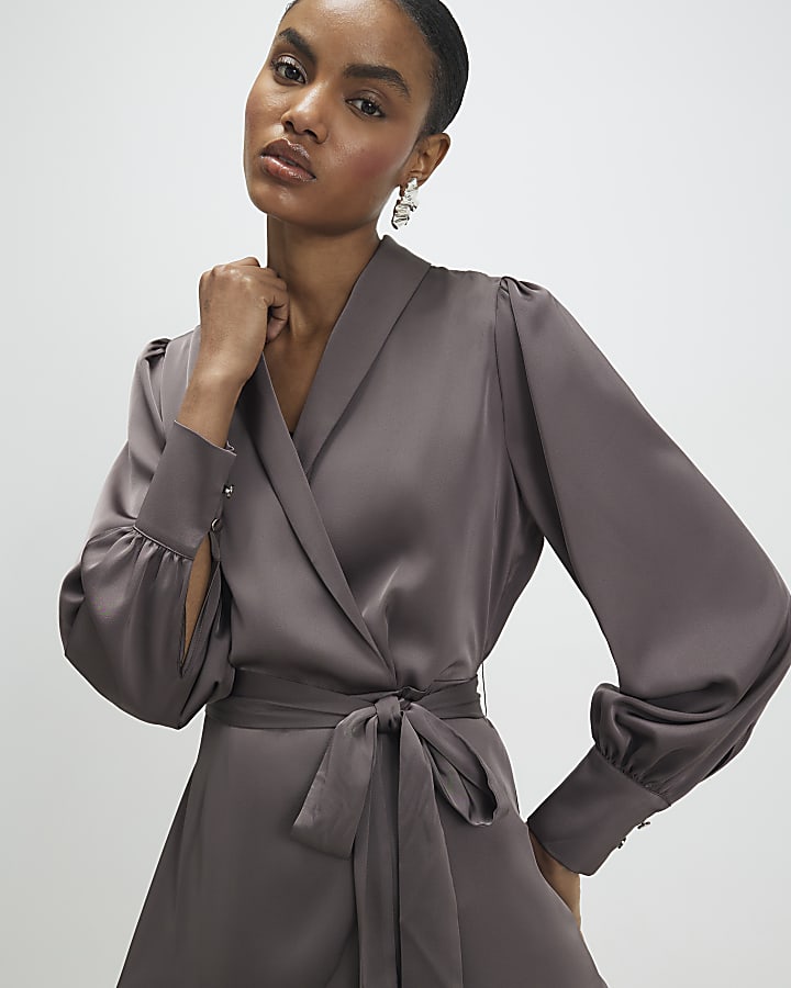 Purple Satin Wrap Front Mini Dress