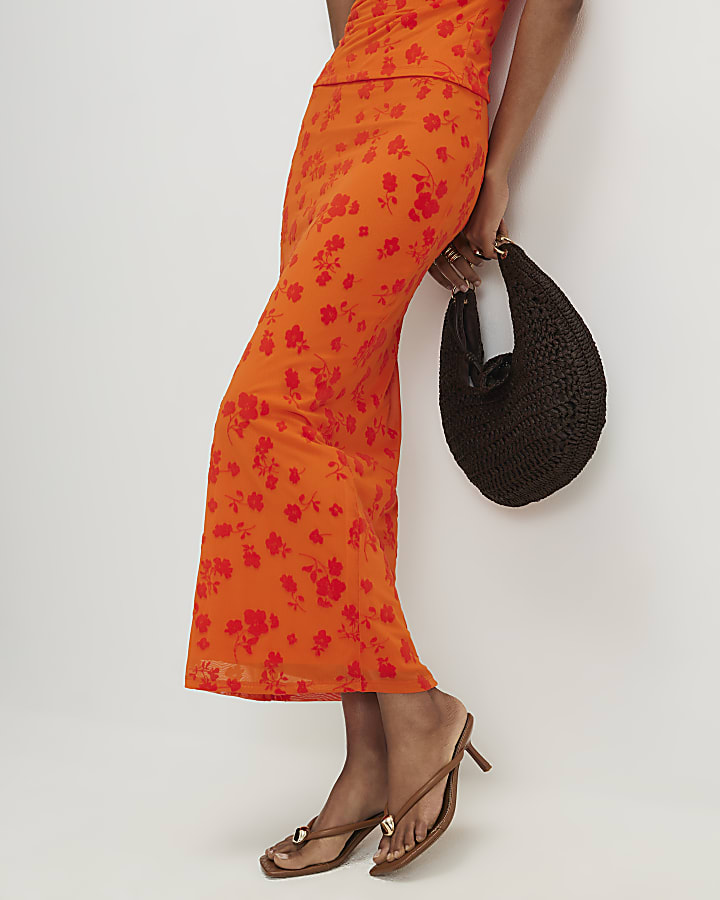 Orange Devore Maxi Skirt