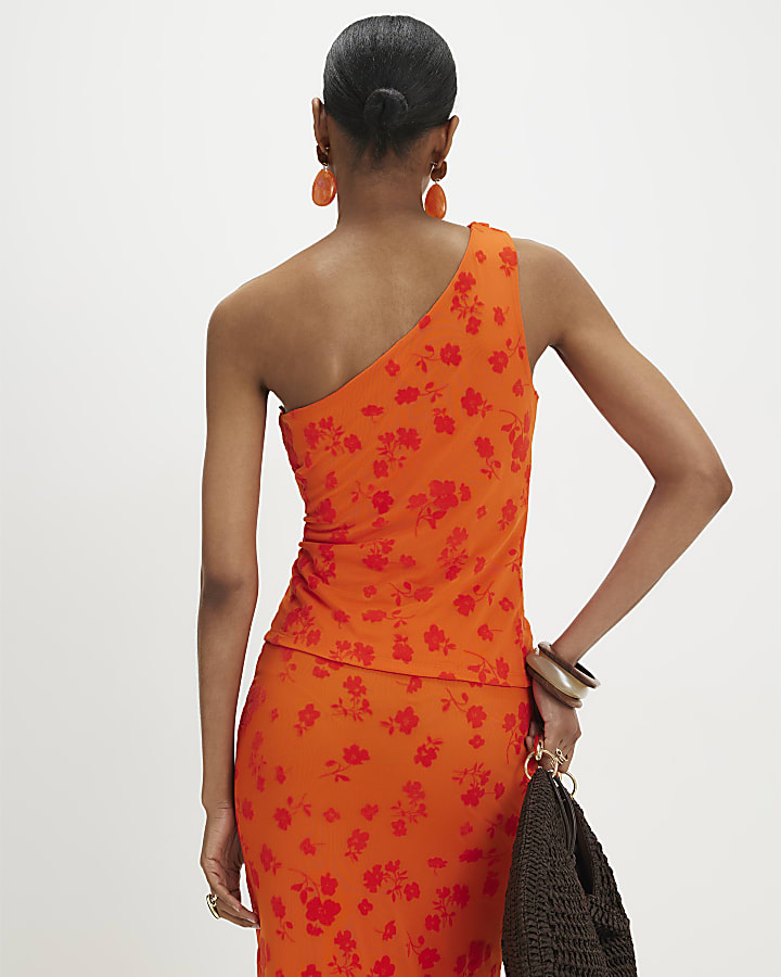 Orange One Shoulder Devore Top