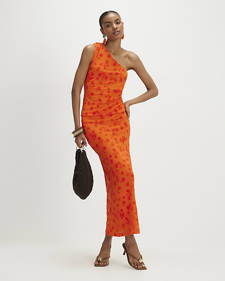 Orange One Shoulder Devore Top