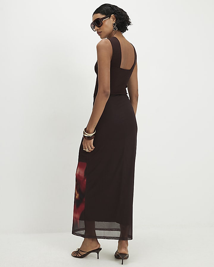 Brown Mesh Floral Print Maxi Skirt