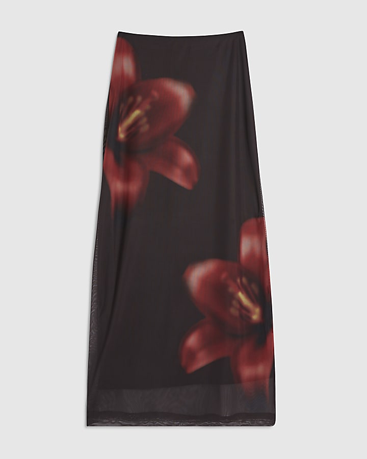 Brown Mesh Floral Print Maxi Skirt