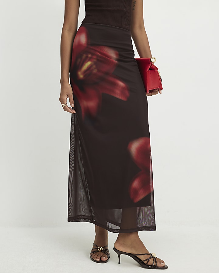 Brown Mesh Floral Print Maxi Skirt