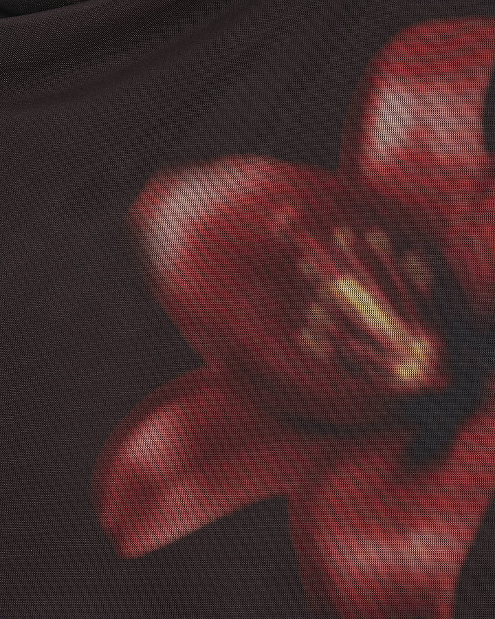 Brown Sleeveless Mesh Floral Print Top