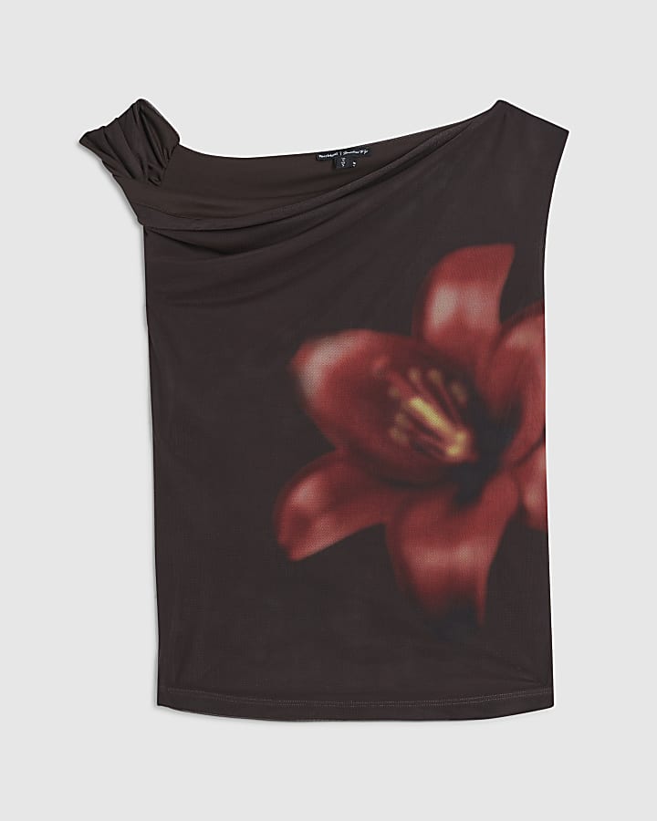 Brown Sleeveless Mesh Floral Print Top
