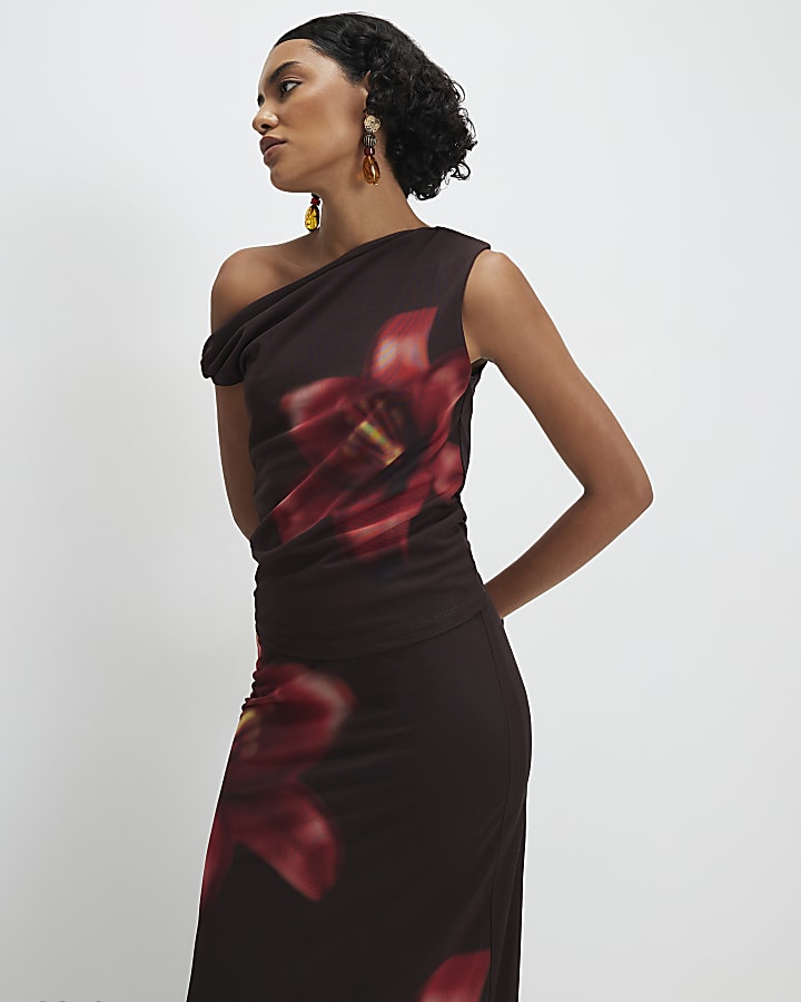 Brown Sleeveless Mesh Floral Print Top