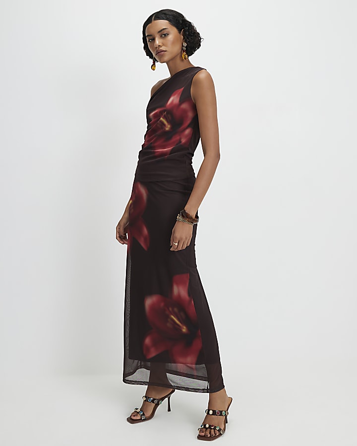 Brown Sleeveless Mesh Floral Print Top