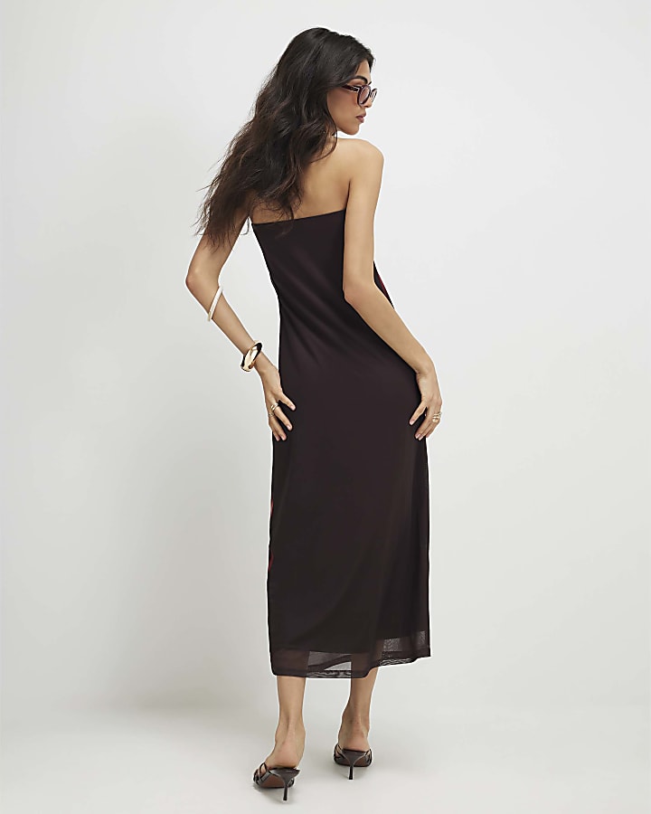 Brown Mesh Floral Bandeau Midi Dress