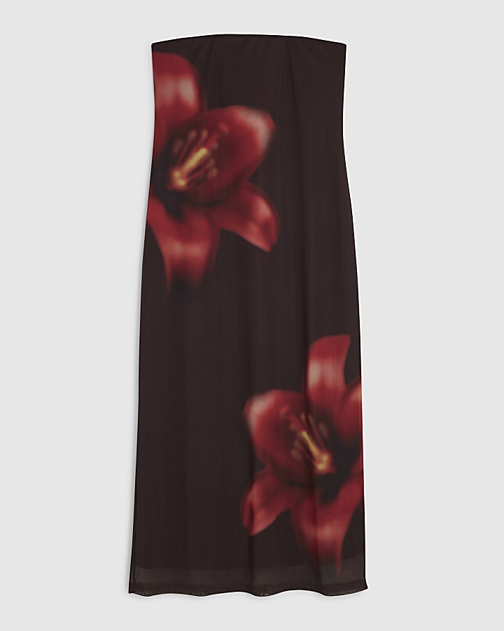 Brown Mesh Floral Bandeau Midi Dress