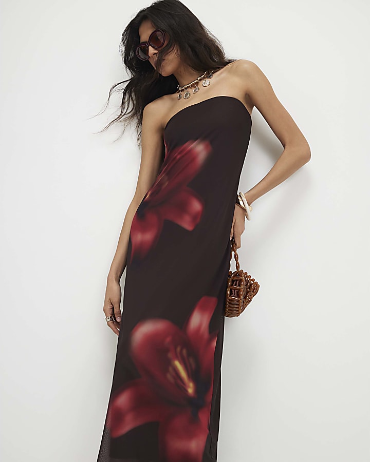 Brown Mesh Floral Bandeau Midi Dress