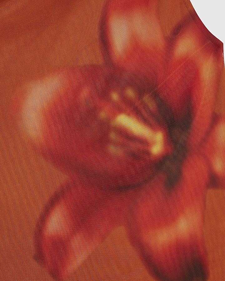 Orange Mesh Floral Print Top