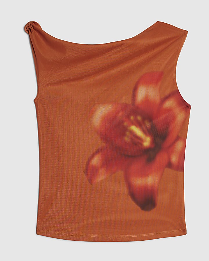 Orange Mesh Floral Print Top