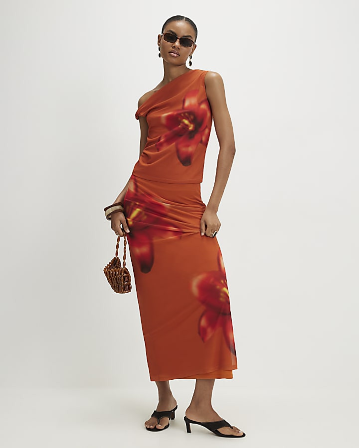 Orange Mesh Floral Print Top