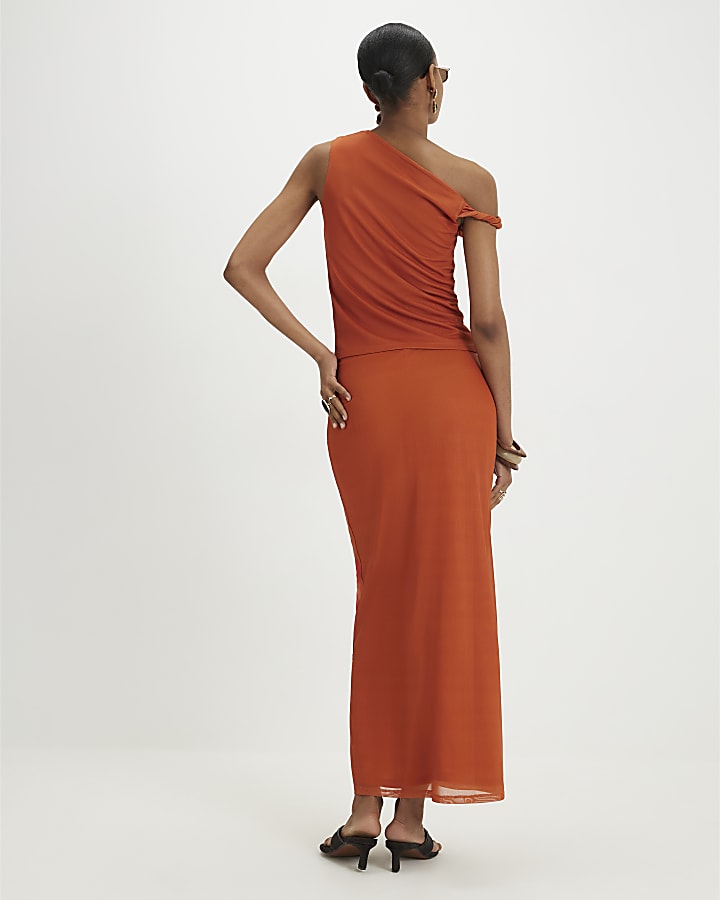 Orange Mesh Floral Print Maxi Skirt