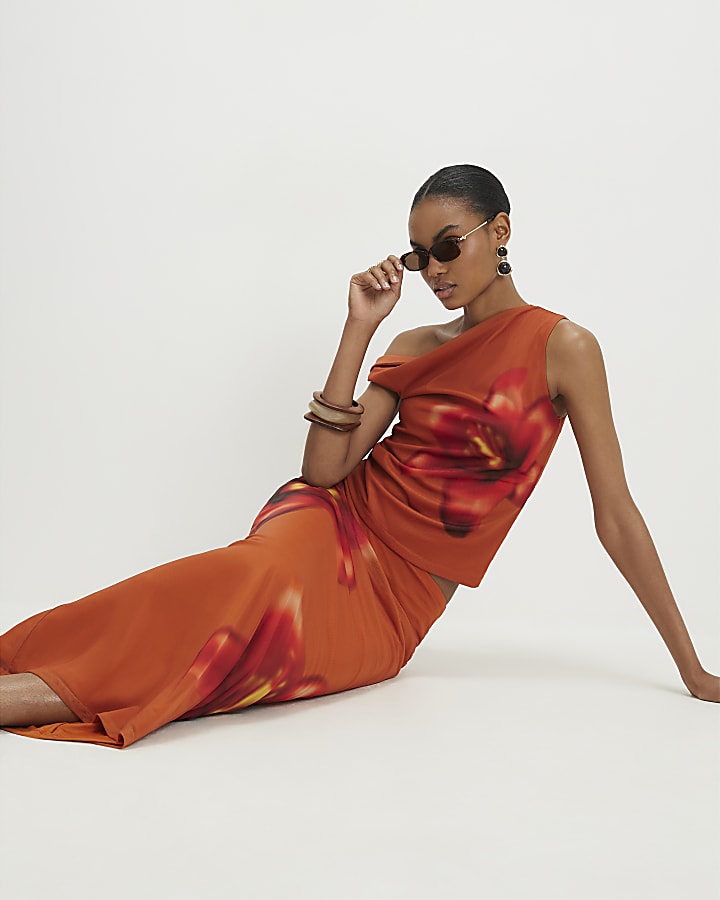 Orange Mesh Floral Print Maxi Skirt