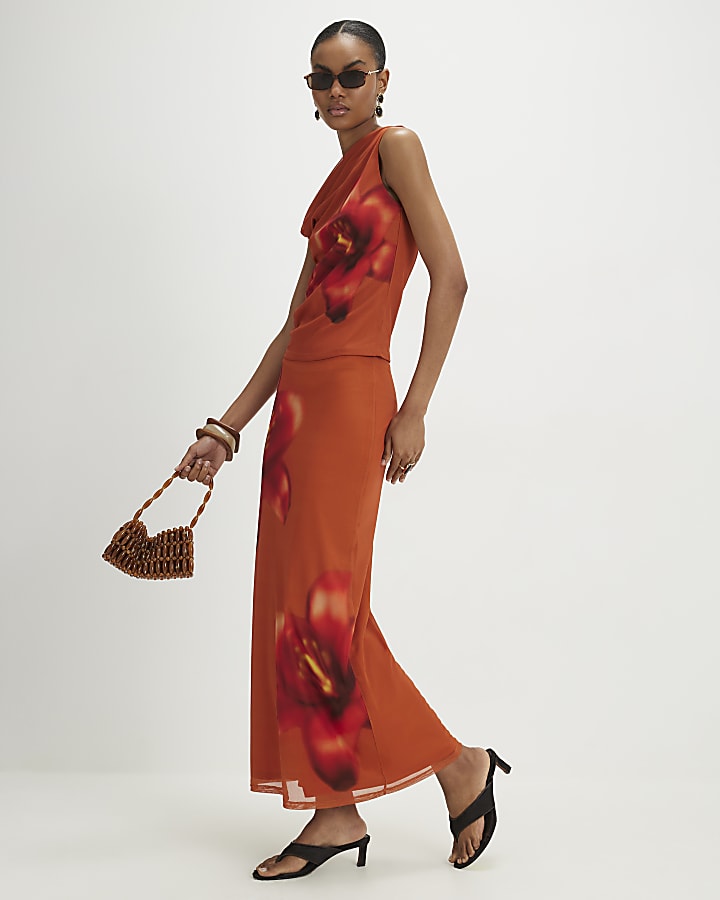Orange Mesh Floral Print Maxi Skirt