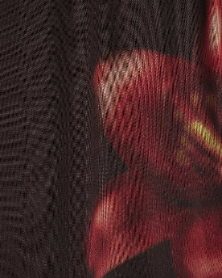 Petite Brown Mesh Floral Print Maxi Skirt