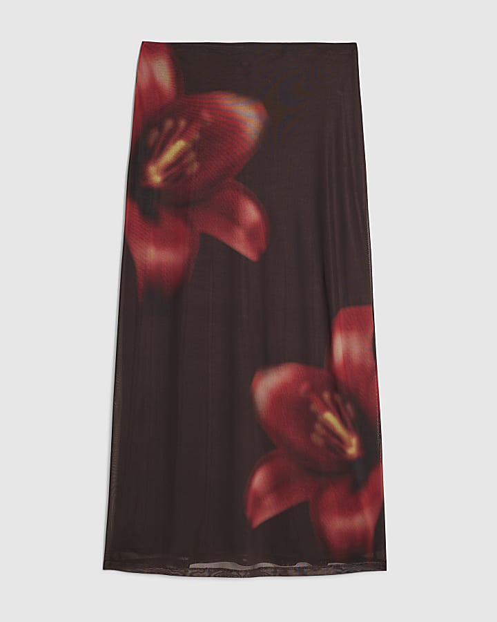 Petite Brown Mesh Floral Print Maxi Skirt