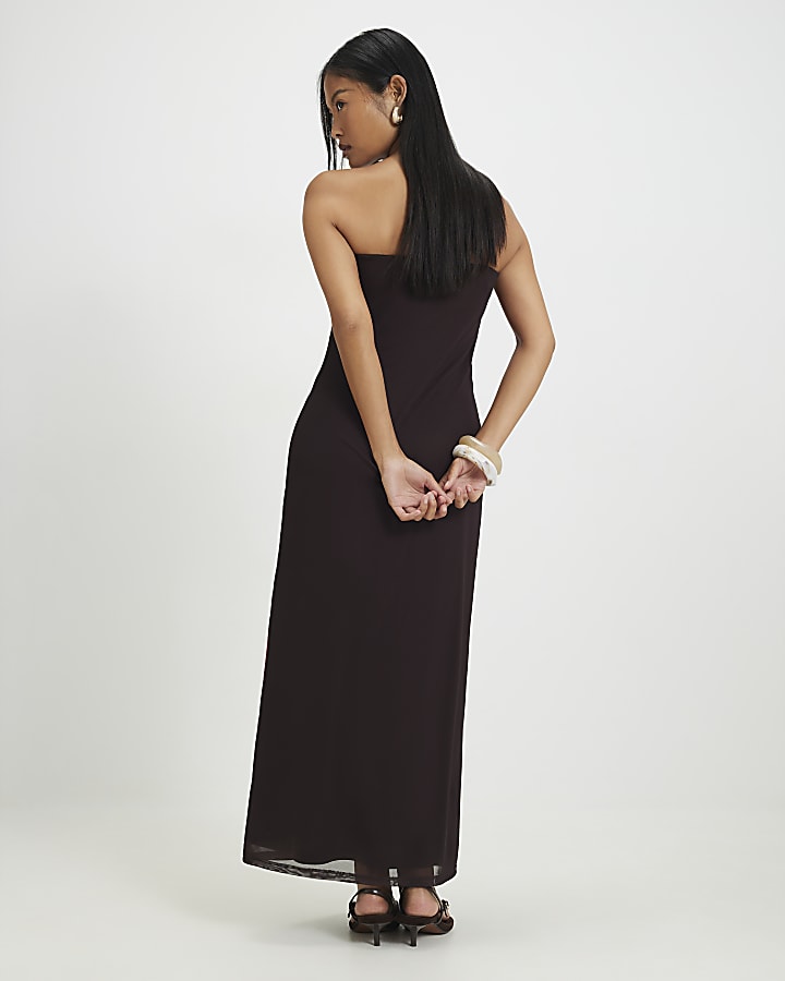 Petite Brown Mesh Floral Bandeau Midi Dress