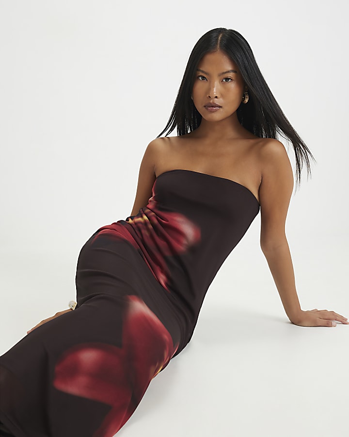 Petite Brown Mesh Floral Bandeau Midi Dress