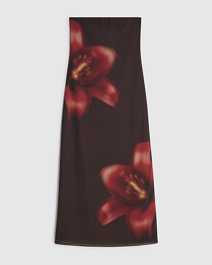 Petite Brown Mesh Floral Bandeau Midi Dress