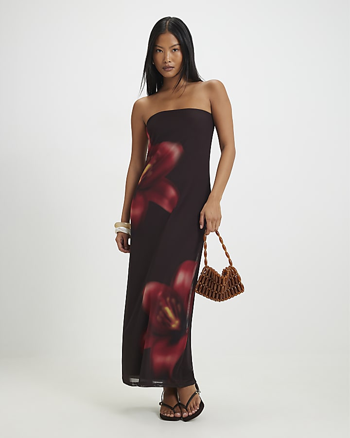 Petite Brown Mesh Floral Bandeau Midi Dress