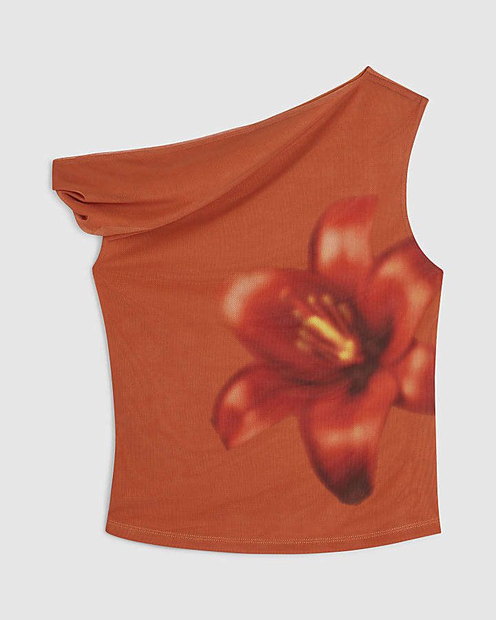 Petite Orange Mesh Floral Print Top