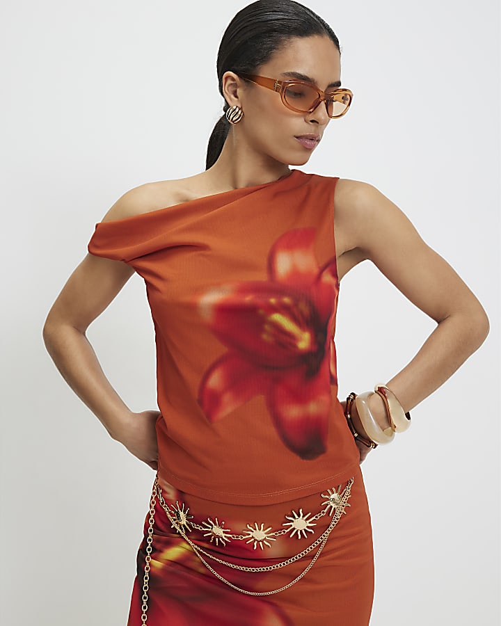 Petite Orange Mesh Floral Print Top