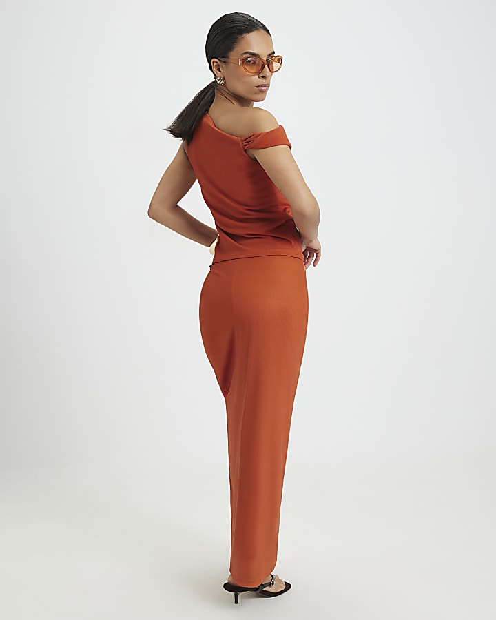 Petite Orange Mesh Floral Print Maxi Skirt