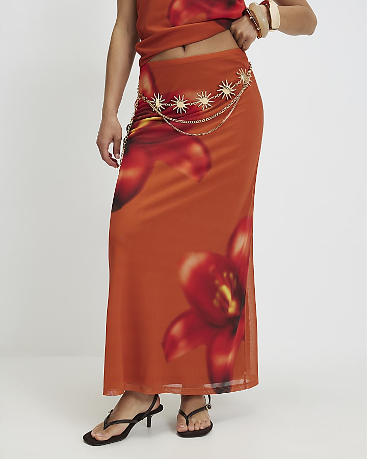 Petite Orange Mesh Floral Print Maxi Skirt