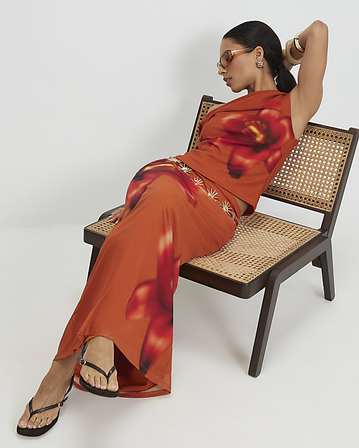 Petite Orange Mesh Floral Print Maxi Skirt