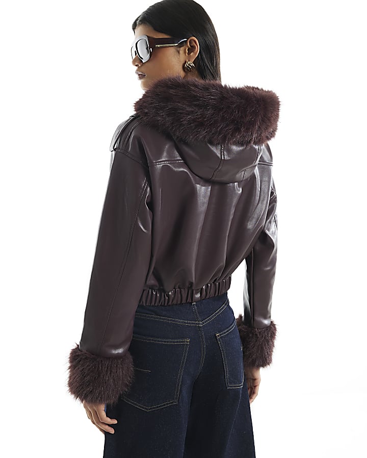 Burgundy Hooded Faux Fur Trim Jacket
