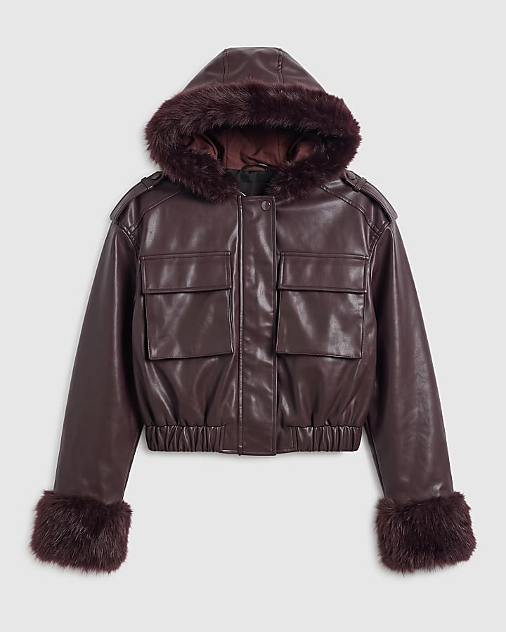 Burgundy Hooded Faux Fur Trim Jacket