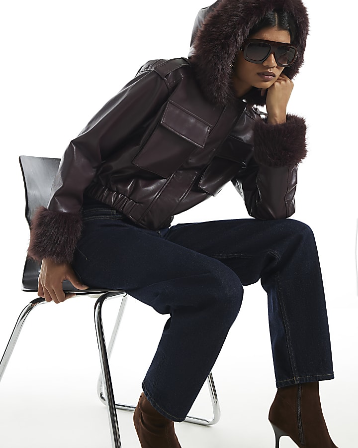 Burgundy Hooded Faux Fur Trim Jacket