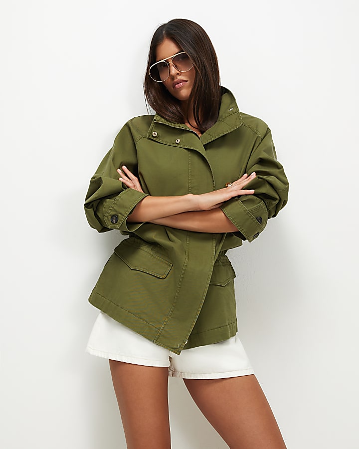 Green Drop Hem Drawstring Utility Jacket