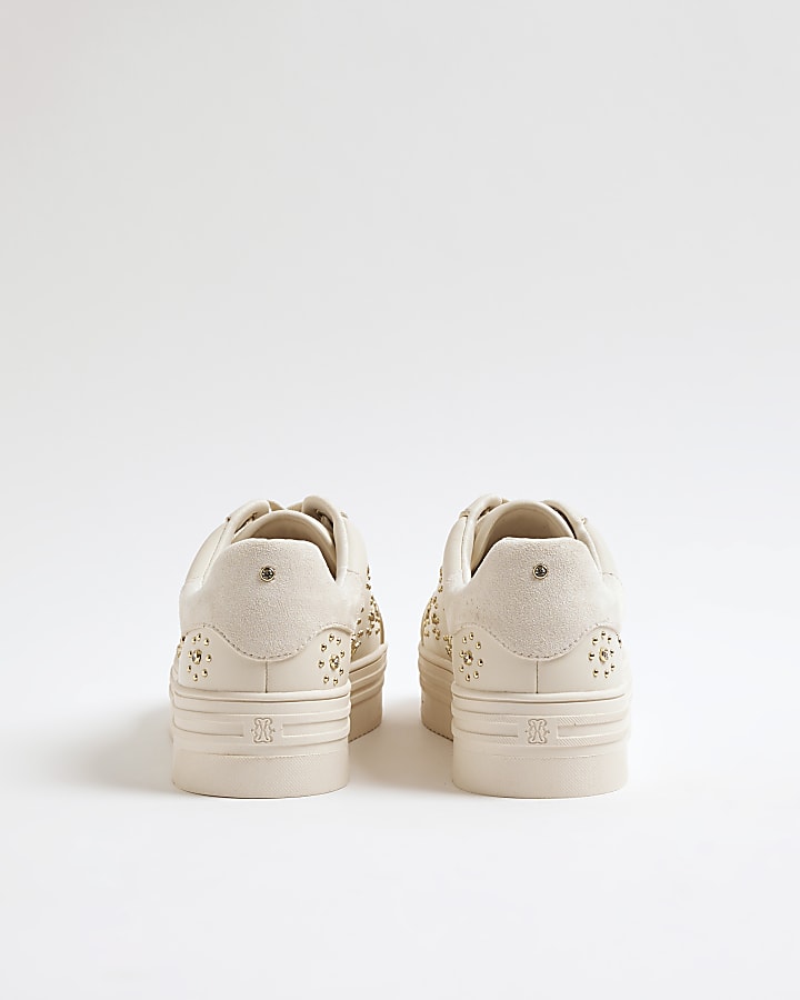 Cream Embellished Faux Suede Trainers