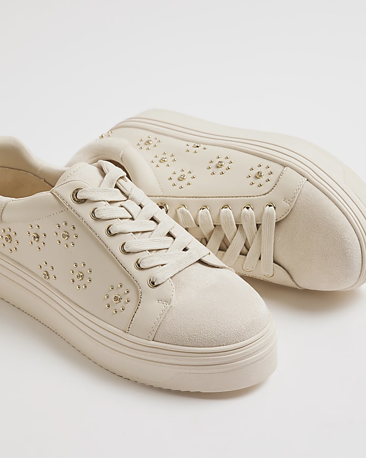 Cream Embellished Faux Suede Trainers