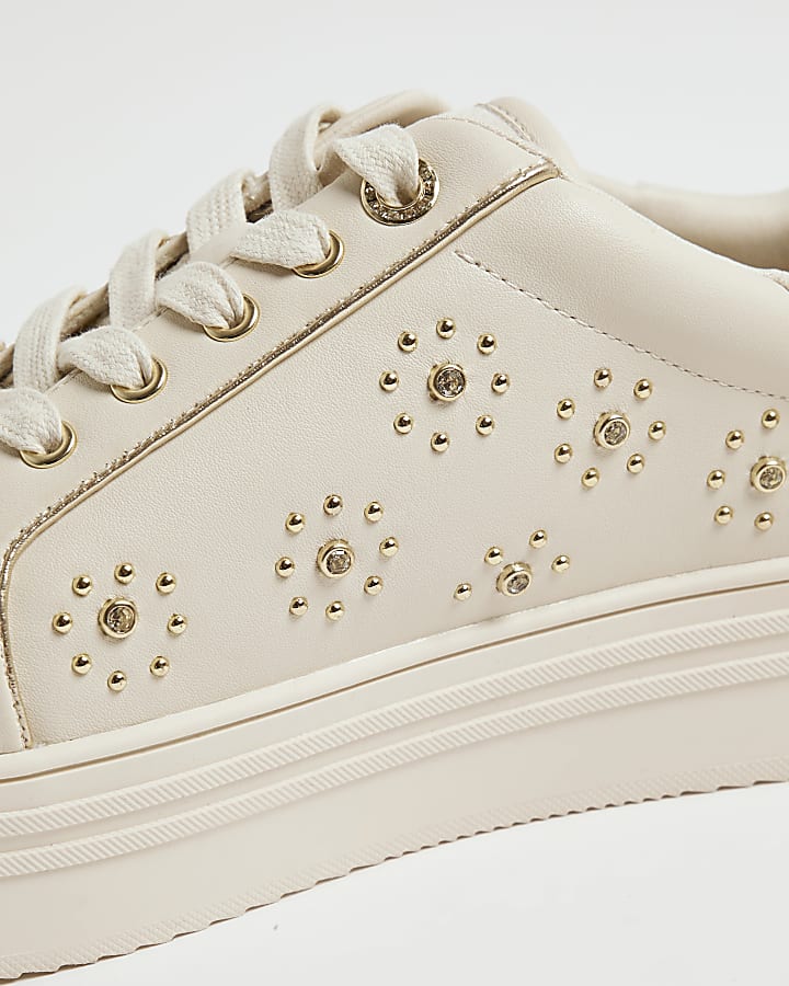 Cream Embellished Faux Suede Trainers