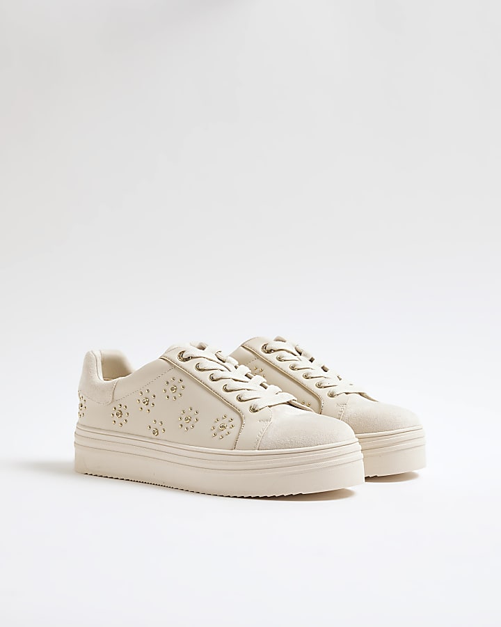 Cream Embellished Faux Suede Trainers