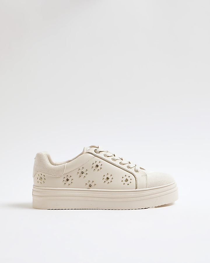 Cream Embellished Faux Suede Trainers