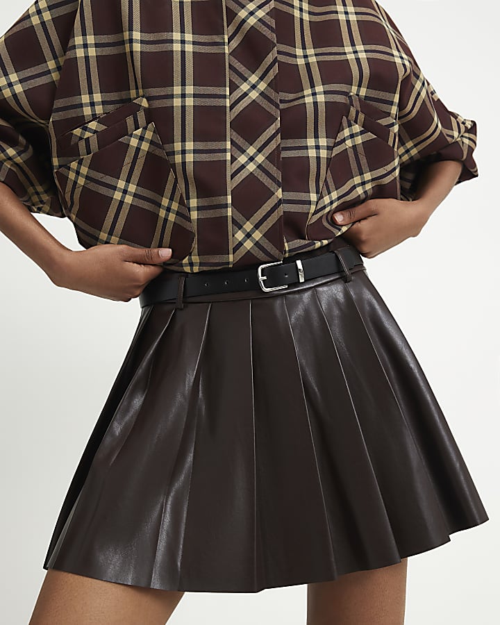 Purple Belted Pleated Mini Skirt