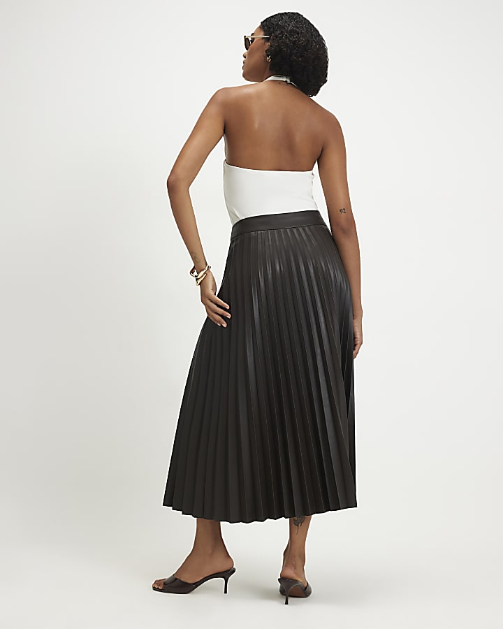 Brown Popper Front Pleated Midi Skirt