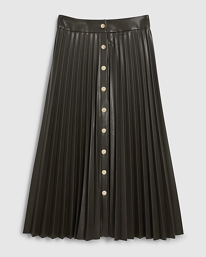 Brown Popper Front Pleated Midi Skirt